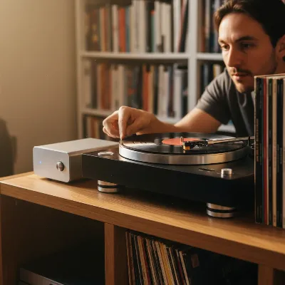 A beginner setting up a modern, sleek record player on a wooden shelf, connecting it to a small amplifier with books and vinyl records in the background. The lighting is warm and inviting.
