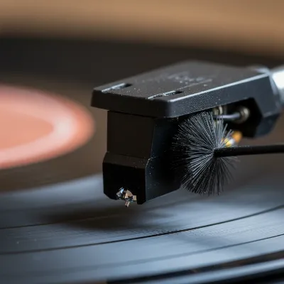 Close-up of a record player stylus being gently cleaned with a dedicated carbon fiber brush, showing the intricate detail of the needle and bristles under soft studio lighting.