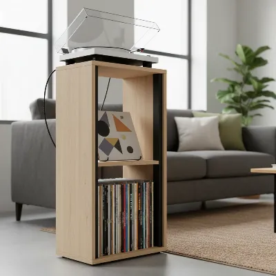 A stylish compact vertical record player stand with multiple tiers for vinyl storage.