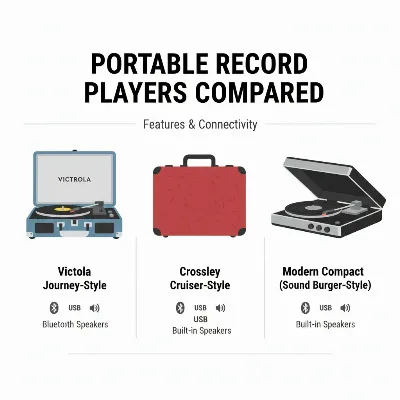 A clean, minimalist infographic comparing three different portable record player models, showing their key features and design differences side-by-side.