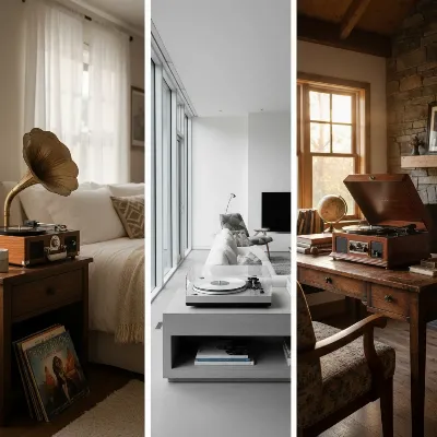 A diverse collection of record players in a modern home, showcasing various designs from retro to sleek, integrated into different living spaces. Soft, natural light illuminates the scene.