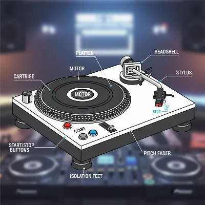 An illustrative diagram showing the key components of a direct drive DJ turntable, including the platter, tonearm, cartridge, pitch fader, motor, and plinth, highlighted in a studio setting.