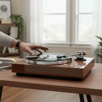 Fluance RT81 turntable being set up with vinyl records on a desk, capturing analog sound.