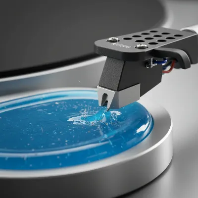 Close-up of a record player stylus gently dipping into the sticky surface of a gel cleaner (e.g., Onzow ZeroDust), demonstrating effective and safe dust removal, with soft background blur.
