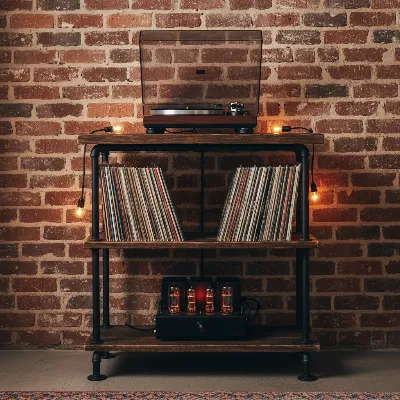 An industrial style record player stand with wood and metal elements.