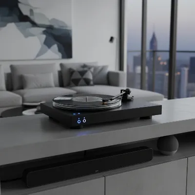 Sleek modern record player with Bluetooth and USB connectivity, featuring a minimalist design in a contemporary living space with clean lines and indirect lighting.