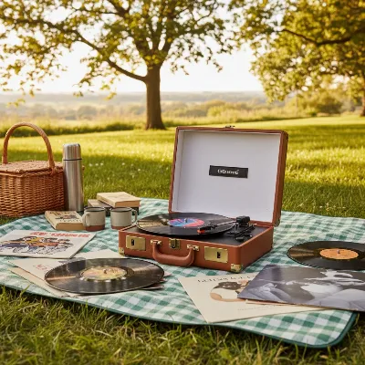 A vintage-style portable record player open on a picnic blanket outdoors, with vinyl records beside it. Sunny, relaxed atmosphere, editorial style.