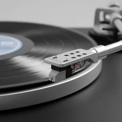Close-up view of a record player's tonearm, cartridge, and stylus, highlighting intricate details against a blurred background of the turntable.