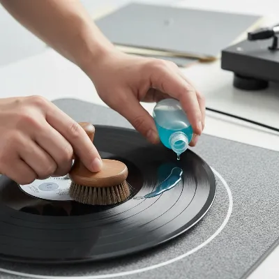 A person gently cleaning a vinyl record with a special brush and cleaning solution, emphasizing careful handling and maintenance.
