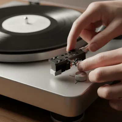 A turntable with a hand adjusting the counterweight for tracking force, and another hand adjusting the anti-skate dial, highlighting precision setup.