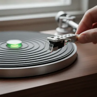 A close-up of a record player's platter with a bubble level, and a hand carefully removing a stylus guard from a cartridge, illustrating setup readiness for tonearm balancing.
