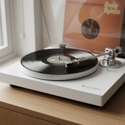A U-Turn Audio Orbit Plus record player with a vinyl record spinning, showcasing its minimalist design and acrylic platter on a clean wooden surface.