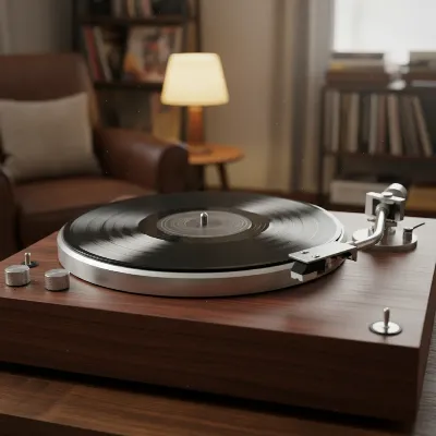 Vintage record player with a wooden plinth and exposed platter, showcasing classic design elements and a warm, inviting glow from soft ambient lighting.