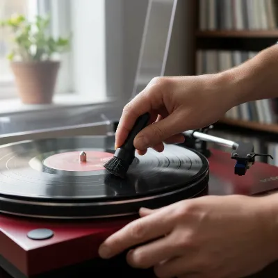 A person gently cleaning a vinyl record on a Pro-Ject Debut Carbon EVO turntable with a soft brush, demonstrating proper maintenance